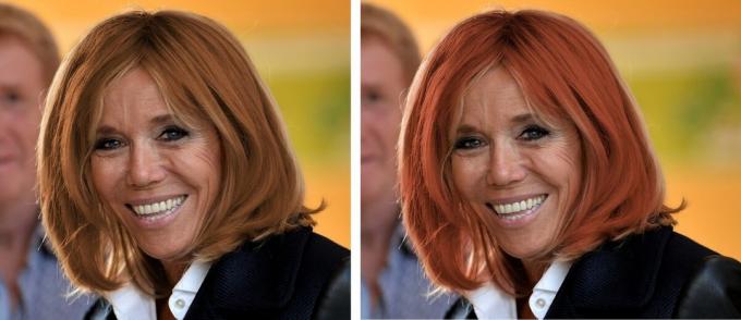 Brigitte Macron. S červenými vlasy a červeným odstínem zdůraznit načervenalý odstín obličeje.
