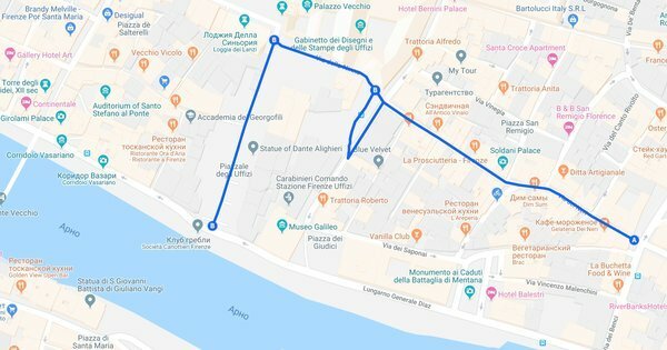 Území zákazu občerstvení na ulicích Florencie. Foto: screenshot of maps.google.com