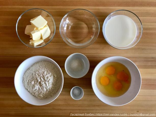 220 g mléka, 140 g másla 82,5%, 100 g vody, 0,5 hodiny. soli, 2 díly. lžíce cukru, 200 g mouky, 6 vajec (jsem C1)